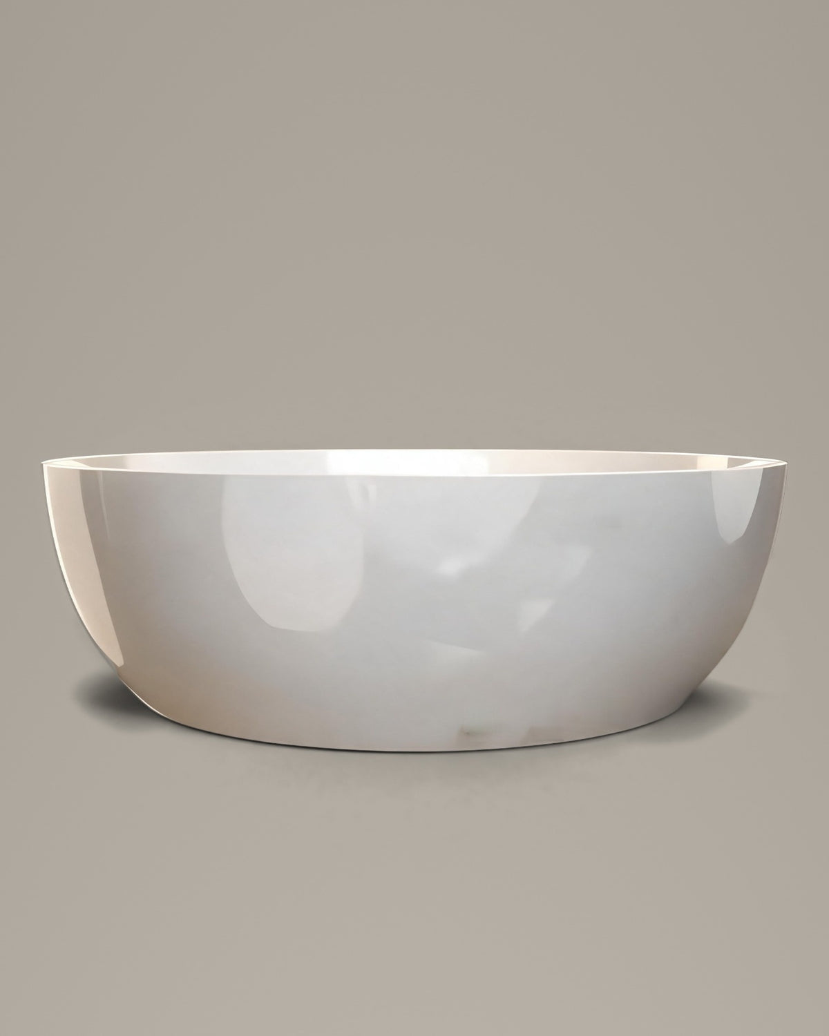 LUNA round vessel in white acrylic, three-quarter view, on a warm grey studio background