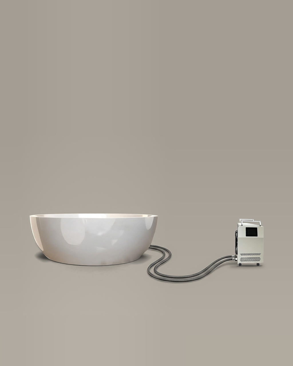 White round bathing vessel on a warm grey studio backdrop beside its Hot & Cold Unit, connected by two braided hoses