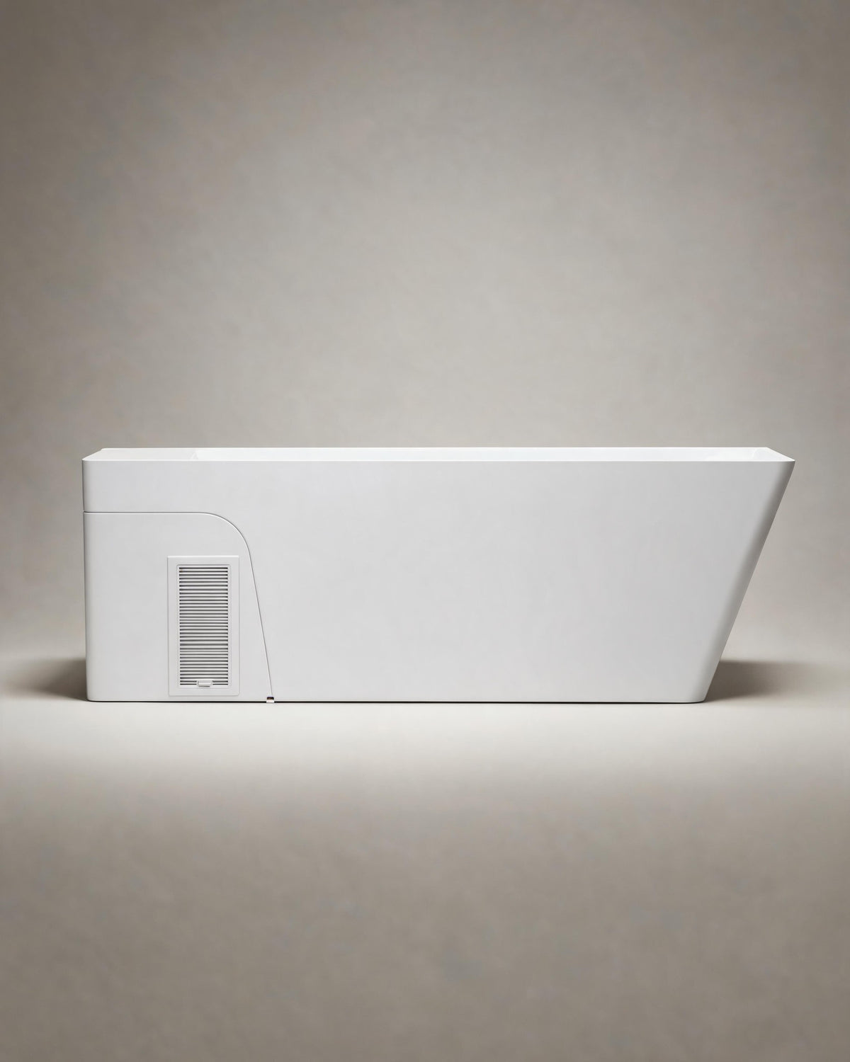 MONOLITH vessel in white acrylic, side view on a warm grey studio background