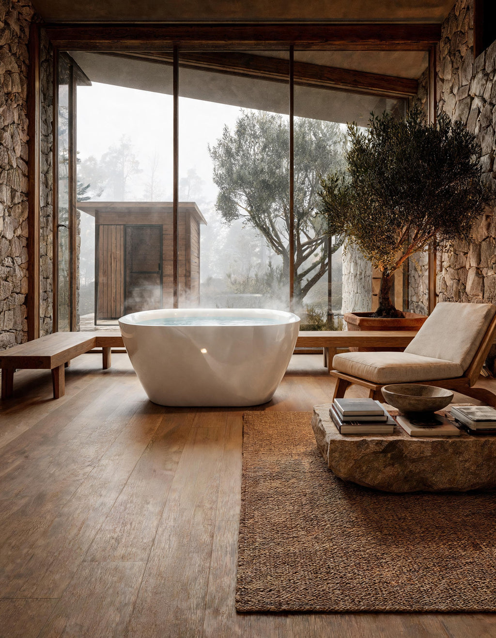 NOOK compact oval vessel in white acrylic set warm in a stone and oak room, steam rising, an armchair beside it