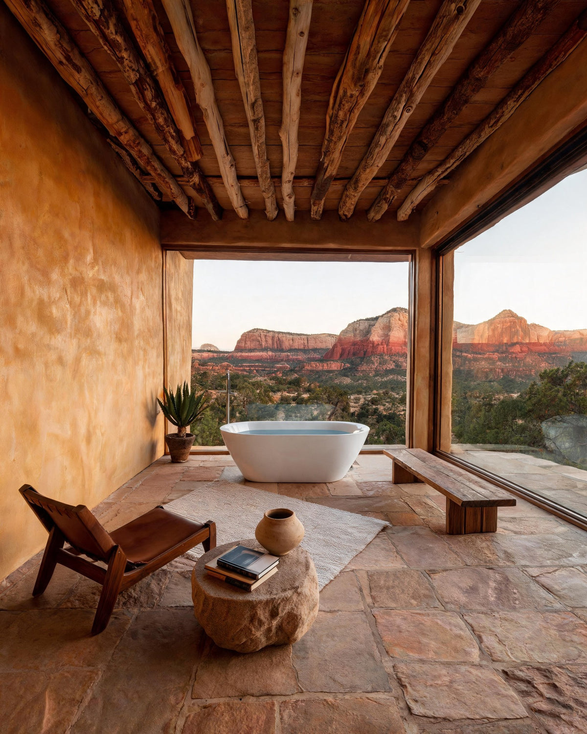 NOOK compact vessel in white acrylic with cold water on a sandstone terrace under a log ceiling, red cliffs beyond