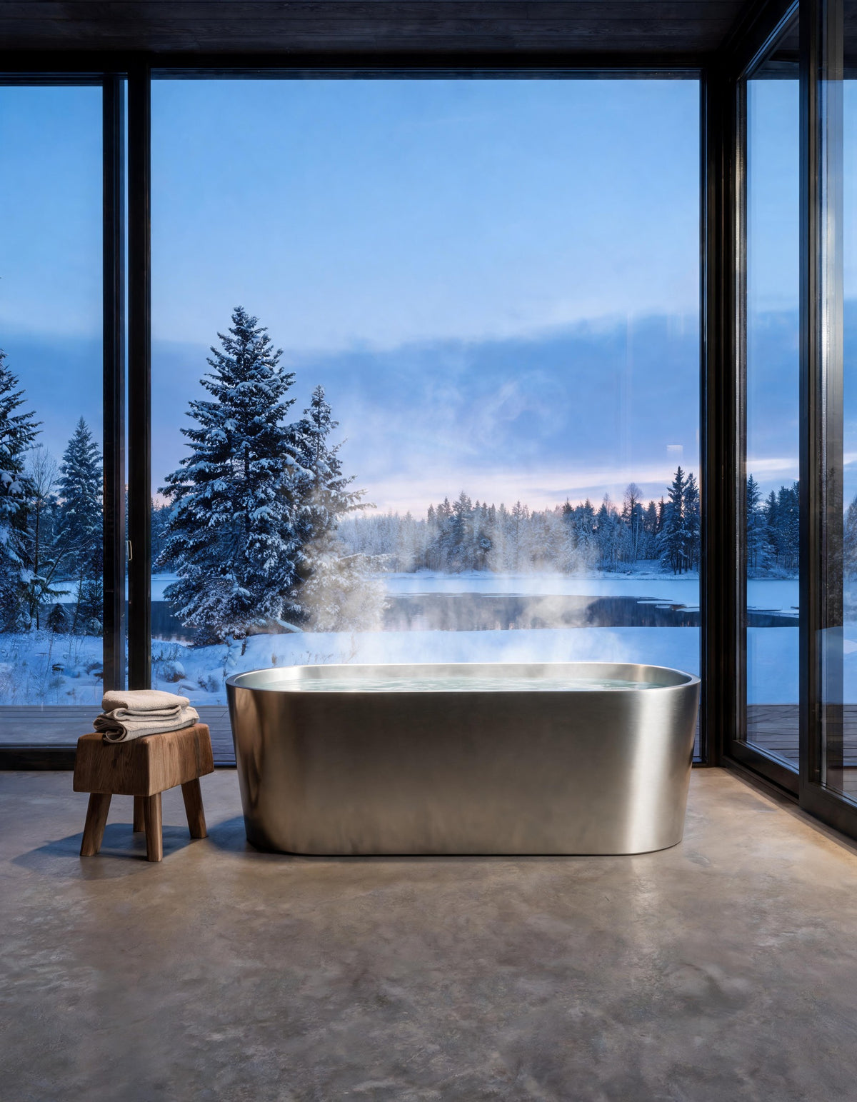 OBLONG oval vessel in Satin Steel with steaming hot water in a glass-walled room at blue hour, a frozen lake beyond
