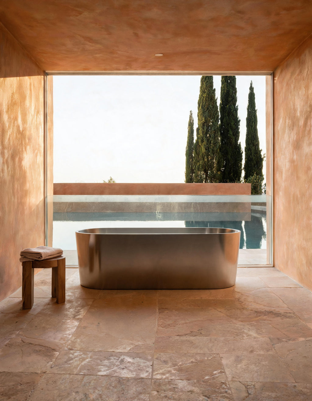 OBLONG oval vessel in Satin Steel with cold water in a terracotta room opening onto a pool, cypress trees beyond