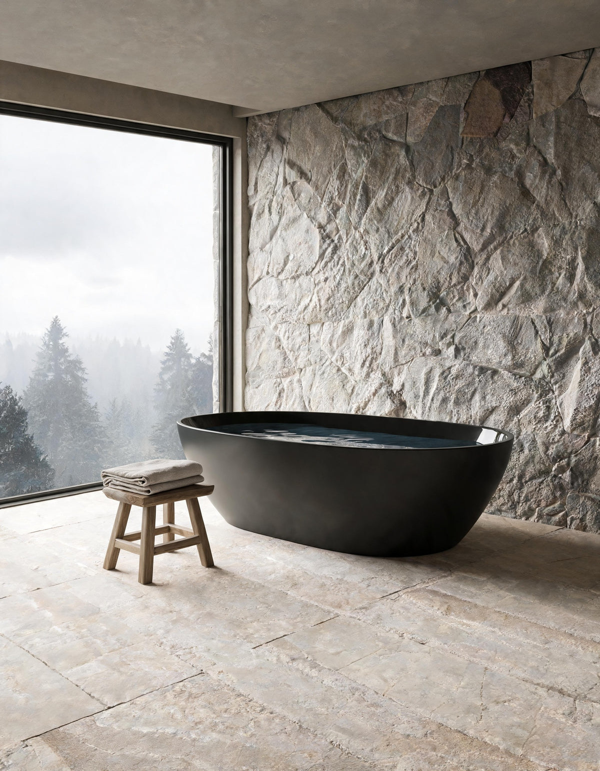 OVUM black egg-shaped vessel with cold water in a room with a stone wall and a window onto a misty forest