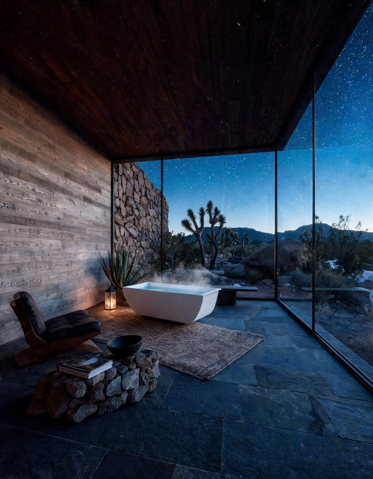 PRISM faceted vessel in white acrylic set warm in a timber pavilion under a starry desert sky, steam rising