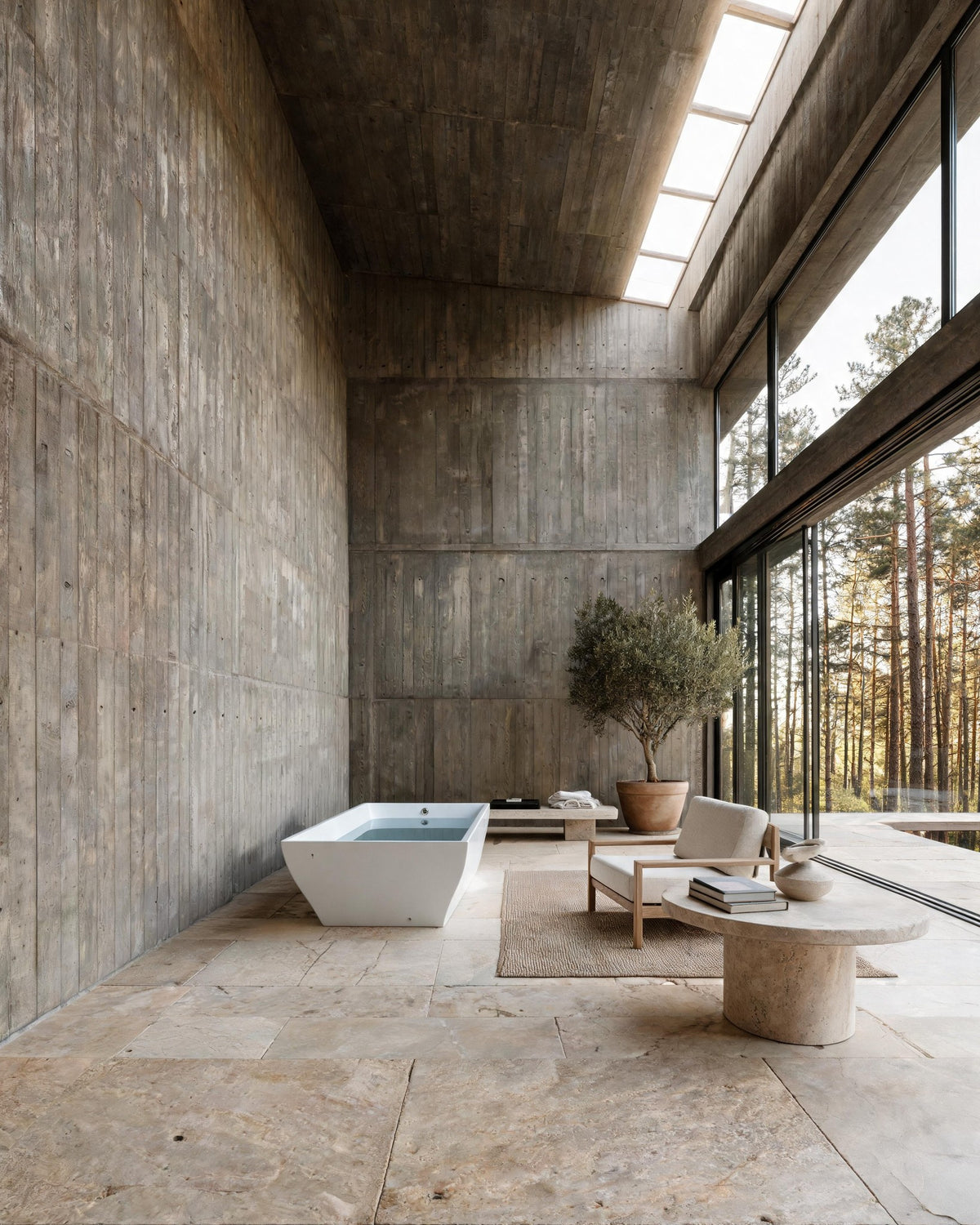 PRISM faceted vessel in white acrylic with cold water in a board-formed concrete room opening to a pine forest
