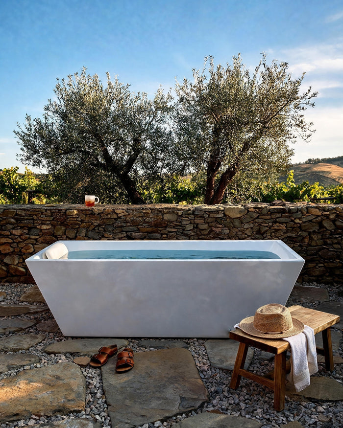 TIDE vessel in white acrylic in a stone courtyard under two olive trees