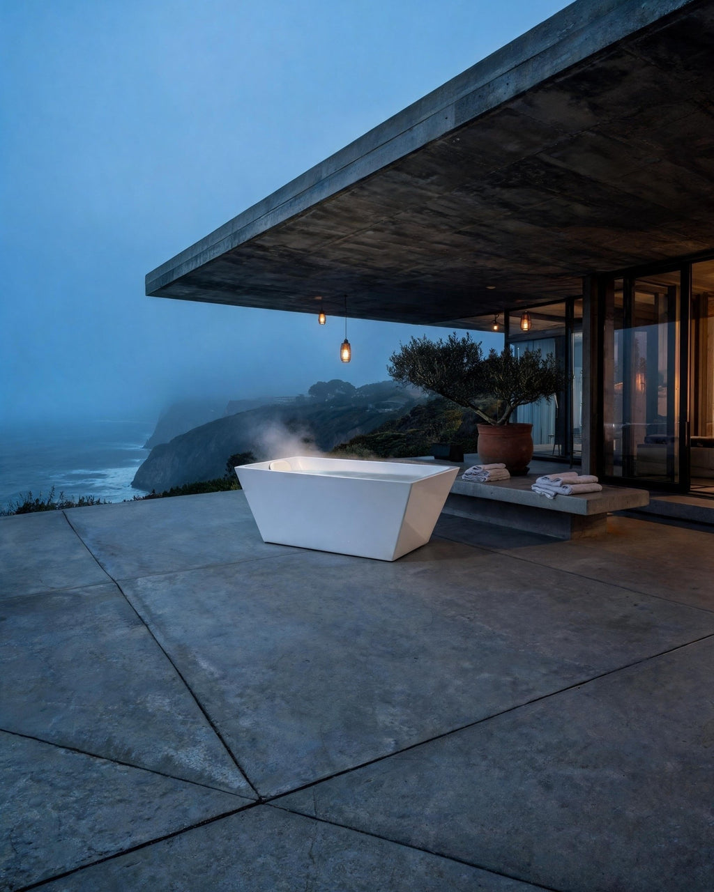 TIDE vessel set warm under a concrete canopy above the Big Sur cliffs at dusk, steam rising