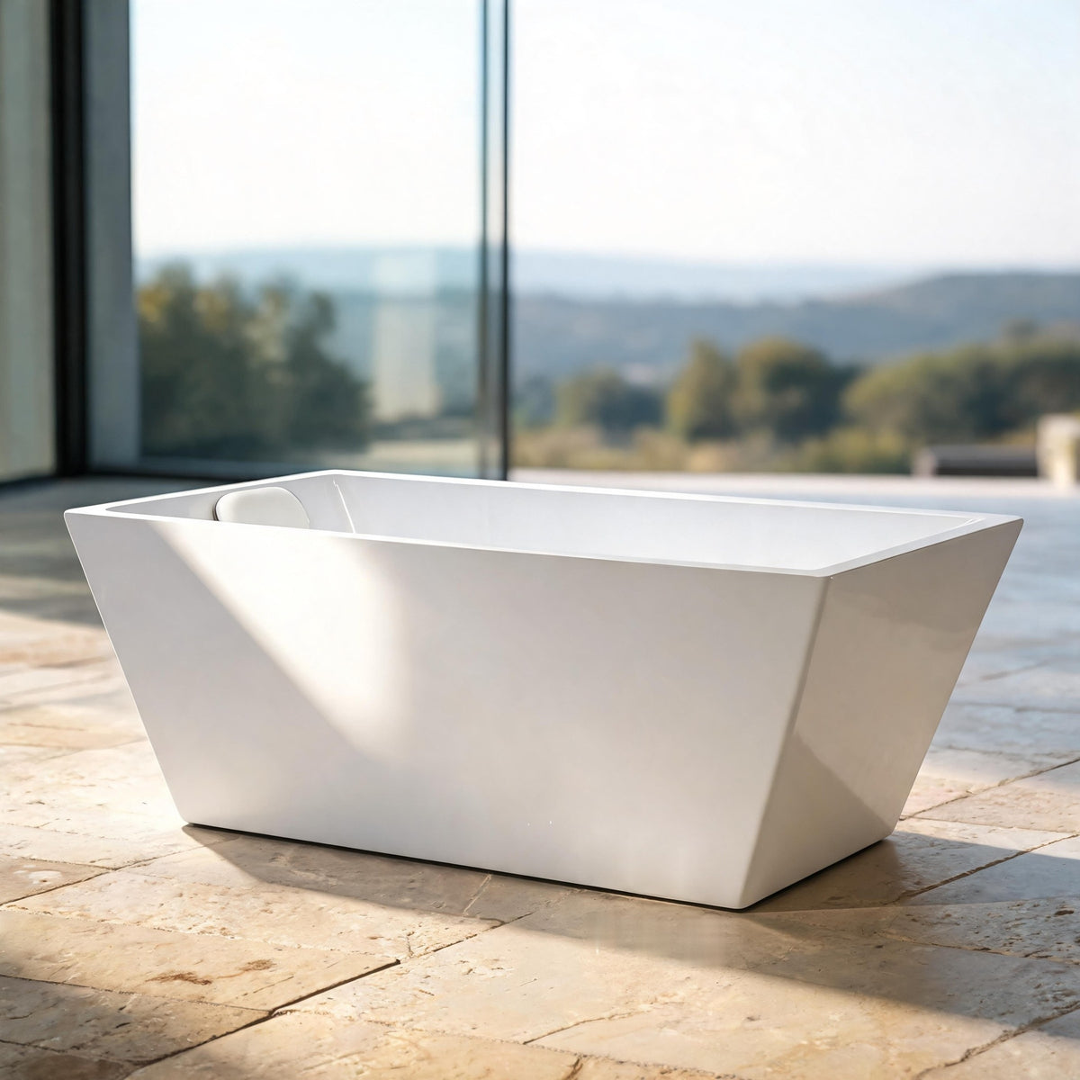 TIDE vessel detail: flared white acrylic walls and the three ports on the side, in daylight