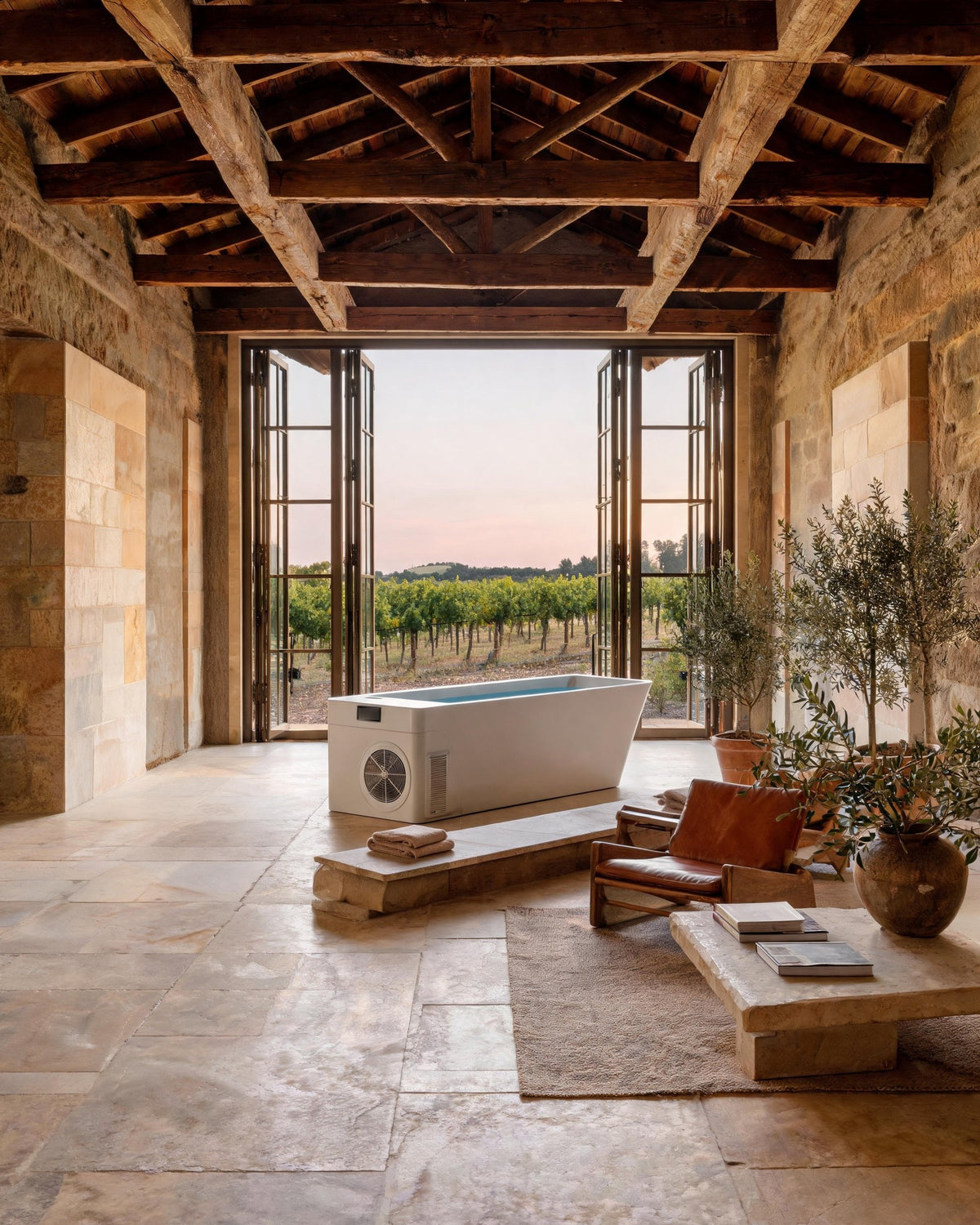 MONOLITH vessel in a stone hall with timber trusses, open doors to a vineyard at dusk, set for a design project